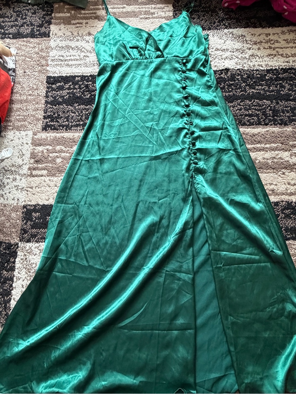 Women’s Emerald Green Satin Maxi Slip Dress with Side Button Placket